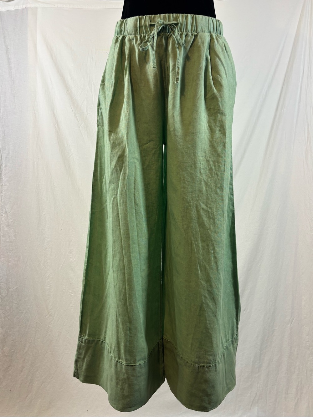 Zara 100% Linen Sage Green Wide Leg Palazzo Chinos Coastal Boho L Drawstring
